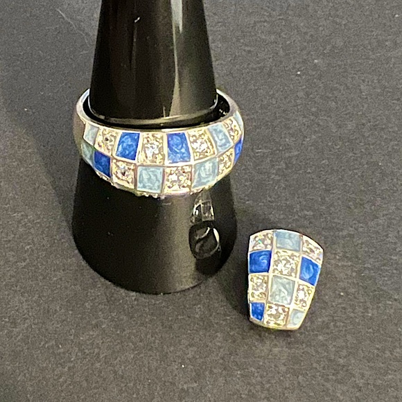 Sterling Silver Enamel Cubic Zirconia Checkerboard Ring & Pendant - Picture 1 of 10